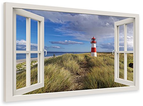 PICSonPAPER Leinwandbild Fenster zum Leuchtturm Nordsee, 40 cm x 30 cm, Dekoration, Kunstdruck, Wandbild, Geschenk, Leinwand Natur, Nordsee