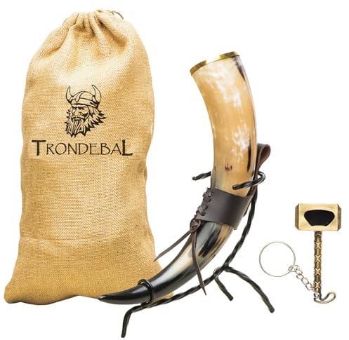 Trondebal Cuerno vikingo para beber de 15 a 20 onzas con soporte de metal, taza de cuerno de buey hecho a mano para Mead, Ale, cerveza, regalo nórdico medieval y decoración de bar en el hogar, regalo