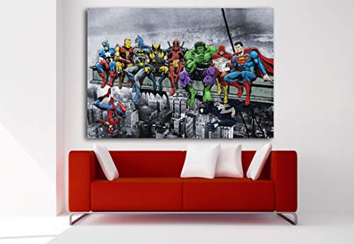 Cuadro Lienzo Superhéroes Marvel Avengers Desayuno Manhattan - Lienzo de Tela Bastidor de Madera de 3 cm - Fabricado en España - Impresión en Alta resolución – Varias Medidas (100, 69)