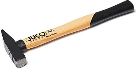 Juco Kleiner Schlosserhammer 300g nach DIN 1041 Norm, Hammer mit Holzgriff, Geschmiedetes Werkstatt-Zubehör, Ofenlackiertes Werkzeug für Profis und Hobbybastler, mit Leichtem Griff aus Eschenholz