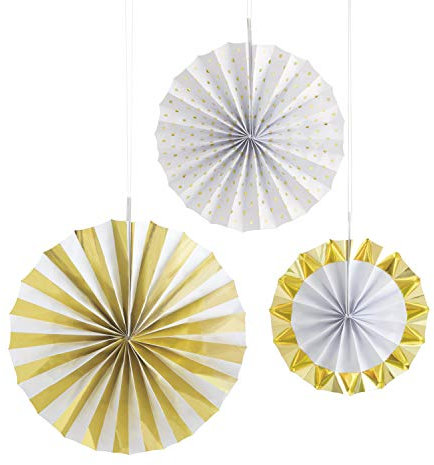 Elegant Gold & White Foil Paper Fan Decorations - Assorted Metallic Party Decor - Perfect for Wedding, Parties & Events - 3ct