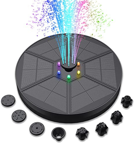 Priksia Solar Fountain with LED Lights, 3.5W Solar Water Fountain, 2000mAh Battery, 7 Nozzles Bird Bath Fountain Pump for Garden and Patio