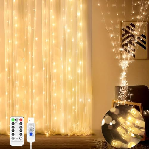 JXLEDAYY Curtain Fairy Lights Outdoor Waterproof 2Mx2M 200 LED String Lights Plug in Window Lights USB Remote Timer 8 Modes for Indoor Bedroom Garden Gazebo Wall Wedding Party Decoration-Warm White