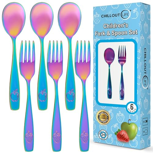 Besteck-Set für Kinder, Edelstahl, für Kinder und Kleinkinder, sicheres Besteck – Kinderutensilien-Set – Metall-Kinderbesteck-Set (6-teilig, UV-Regenbogen)
