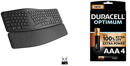 Logitech ERGO K860 Wireless Ergonomic Keyboard with Split Key Layout + Duracell NEW Optimum AAA Alkaline Batteries [Pack of 4]