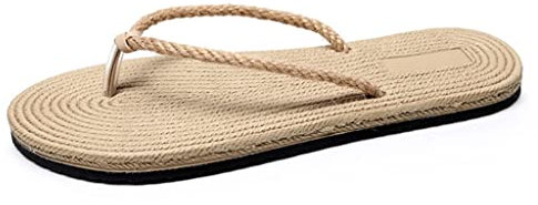 Chaussons Tongs Pantoufles Femmes Tongs Chaussures, Tongs De Plage En Plein Air, Imitation Paille Plat Décontracté, Semelle En Caoutchouc, Semelle Intercalaire En EVA ( Color : Beige , Size : EUR37 )