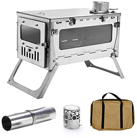 TOMOUNT Estufa de tienda de campaña, estufa de titanio, portátil, compacta, con chimenea, resistente a altas temperaturas, cocina de leña para tiendas de campaña, alojamiento y camping