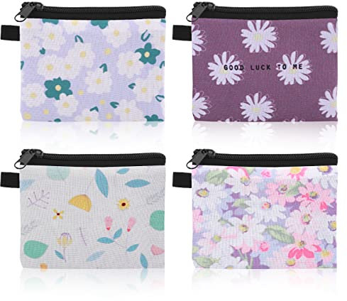 cobee Petit Porte Monnaie, 4PCS Floral Porte Monnaie Mini Portefeuille Sacs à Pièces Petit Porte Monnaie Frais Pochette Fermeture à Glissière Porte Monnaie avec Fermeture à Glissière pour Femmes