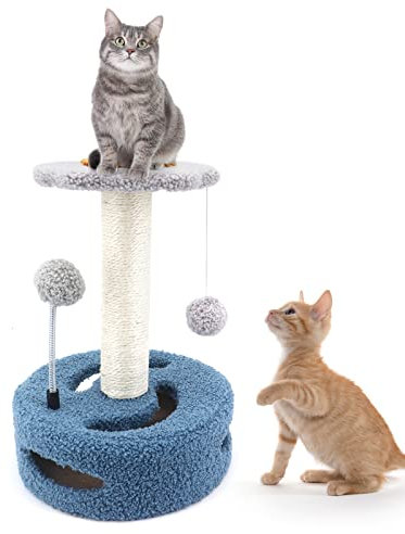 MoYouno Árbol para gatos con flores, poste rascador para gatos, árbol pequeño para gatos de interior, marco de escalada para gatos, con juguetes interactivos para gatos, bola colgante, 26 x 26 x 35 cm