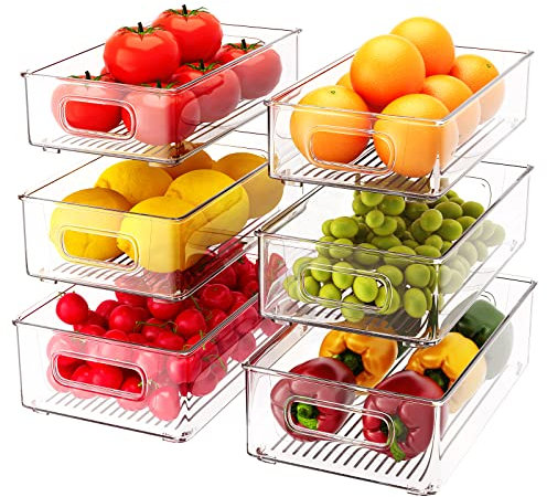 FUSACONY Fridge Storage Organiser - Set of 6 Stackable Fridge Organisers Clear Refrigerator Storage Boxes Bins for Kitchen, Pantry, Cabinets, Cosmetics, Drawer - BPA Free (3 Sizes)