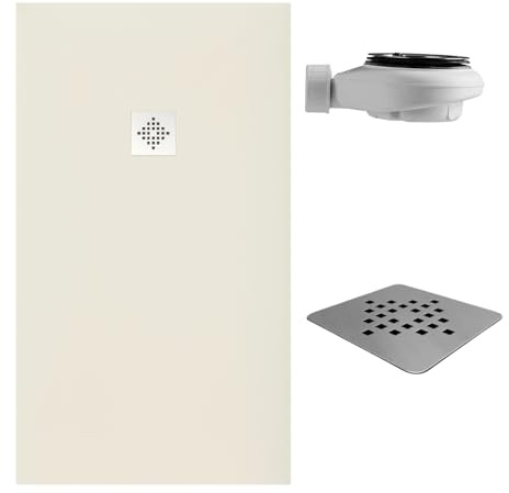 SoulHome Receveur de douche Résine 190x90 Crème Clair Grille Standard | Antidérapant C3, extra-plat, résine et charge minérale, texture pierre lisse, antibactérien, gel-coat, + bonde d'évacuation