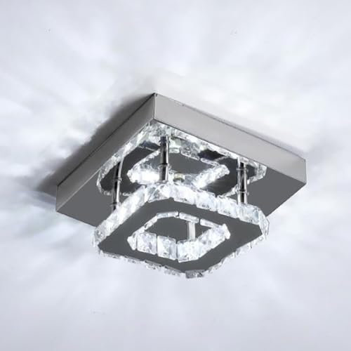 LIGKIN LED-Deckenleuchte 12W Moderne LED Kristall Deckenlampe Quadratisch Edelstahl Kronleuchter für Wohnzimmer Esszimmer Schlafzimmer Badezimmer, Ø20 cm