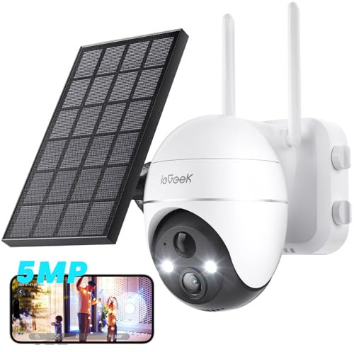 ieGeek 5MP Telecamera Wifi Esterno Senza Fili, 360° PTZ Telecamera Batteria Pannello Solare, Faretto e sirena, Rilevazione di Movimento PIR, Visione notturna a colori, Audio a 2 vie, IP65, Alexa