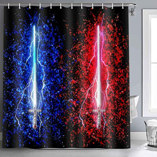 NTETSN Lichtschwert Schwert Duschvorhänge Blau Grün Tie Dye Stangentasche Thermo Spiel Thema Badezimmer Dekor Neon Abstrakt Schwarz Themed Design, Badezimmer-Dekor-Set mit Haken, 183 x 183 cm