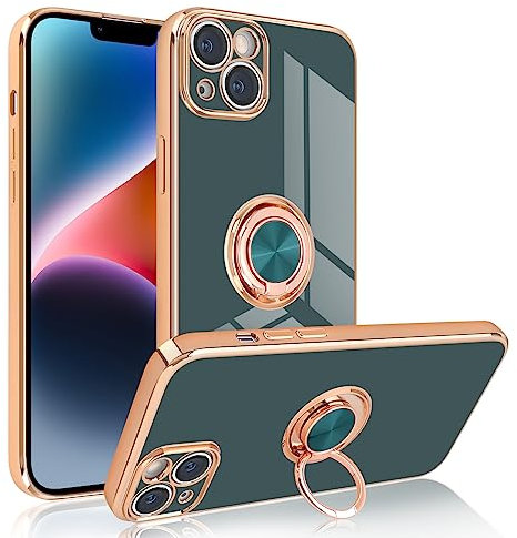 Newseego Electroplated Magnetic iPhone 14 Plus Case, 360 Degree Rotation Finger Ring Holder Phone Case Magnet Car Stand Soft Silicone Shockproof Protective Bumper Cover for iPhone 14 Plus-Grey