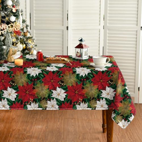 Horaldaily Weihnachten Tischwäsche 130x220 cm, Weihnachtsstern Rot Weiß Tischdecke für Party Picknick Abendessen Dekor