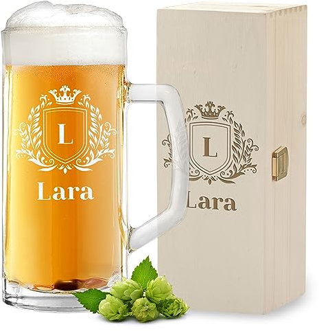 polar-effekt 2-TLG Geschenkset 1x Bierkrug 500 ml und 1x Holzkiste mit Gravur - Männergeschenke zum Geburtstag - das Jubiläumsgeschenk - Bierseidel mit Füllstrich - Bierglas für Papa und Opa