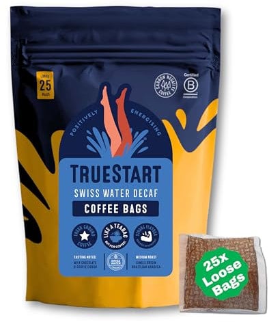 TrueStart Coffee Bags, Swiss Water Decaf – 25 Loose Bags, Mycotoxin-Free Coffee Rich in Antioxidants, Quick Brew, Individually Wrapped & Gluten Free, Resealable Pouch
