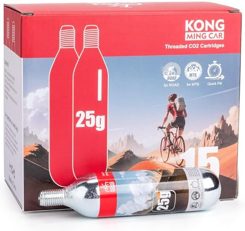 KONG MING CAR CO2 Kartuschen mit Gewinde, 16 g/25 g CO2 Kartuschen mit Gewindeanschluss für alle CO2 Fahrradreifenfüller, CO2 Pumpe für Rennräder und Mountainbikes (25g x 15 Pack)