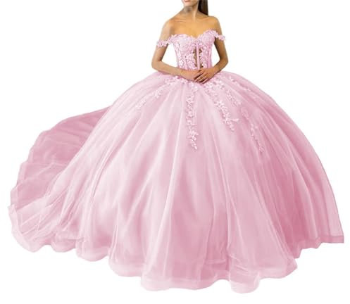 Robes de quinceanera à paillettes scintillantes en dentelle à épaules dénudées avec train Princesse Robe de bal en tulle bouffante, rose clair, 40