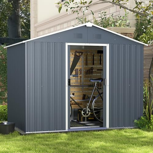 GiantexUK 6x4FT/8x4FT/8x6FT Metal Garden Shed, Outdoor Galvanized Storage House with Air Vents & Lockable Sliding Doors, Slope Roof Utility Shed Building for Backyard Garage (8x6FT, Dark Grey)