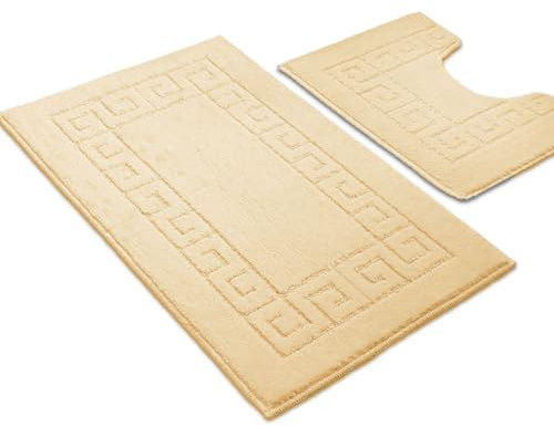 Ambience Products Badematten mit griechischem Schlüsselmuster, rutschfest, weich, waschbar, schnell trocknend, wasserabsorbierend, Badezimmer-Duschmatte und WC-Vorleger, 2-teiliges Set, cremefarben