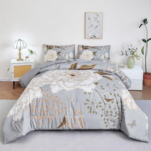 STYHO Grey Floral Duvet Cover Set King Size 3Pcs Luxury Blossom White Gold Flower Bed Cover Soft Farmhouse Style Botanical Butterfly Printed Duvet Sets for All Seasons(Grey, King)