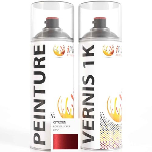 ipixline Kit Retouche Peinture Carrosserie Voiture - Bombe Aérosol Peinture Auto 400 ml, Vernis Brillant 1k 400 ml - Compatible avec Citroen - Rouge Lucifer EKQD