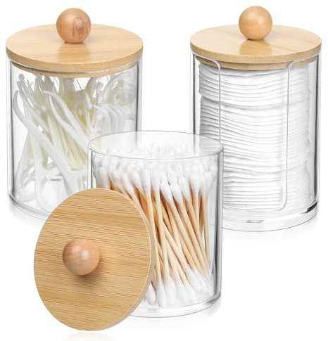 3 Pz Porta Cotton Fioc per Bagno, Porta Dischetti Struccanti, Contenitore Cotton Fioc per Organizzare Bagno Camera da Letto Cosmetici Batuffoli di Cotone Dischetto di Cotone, con Bambù Coperchio