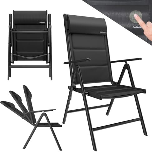 GARMIO® Gartenstuhl Florenz Schwarz, 7-Fach verstellbar, klappbar, inkl. höhenverstellbares Nackenkissen, für Terrasse oder Garten
