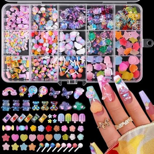 3D Mix Assorted Color Acrylic Multi Cute Nail Art Charms Hollow Candy Jewelry Supplies for Nail Art Design DIY Crafts Accessories (Multicolor)