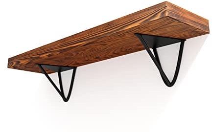 DECORATIVO Wand-Bücherregal aus Echtholz – 25 cm tief – 60/80 / 100 cm breit – stabile Stahlhalter – handgefertigt – gebrannt & gebeizt – für Bücher, Pflanzen & Deko