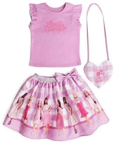 Barbie Set da 3 pezzi con canotta, gonna in raso e borsa a tracolla, per bambine e bambine (2T - 14-16), Rosa, 5
