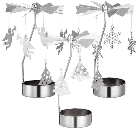 Cabilock 3 Stück rotierende Kerzen-Teelichthalter, Weihnachts-Kerzenhalter, romantische Metall-Windmühle, Kerzenhalter, Schreibtisch-Winkel, Schneeflocke, Weihnachtsbaumschmuck für Heimdekoration