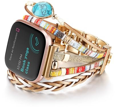 CHARMINGO Braccialetto in pelle bohémien compatibile con Fitbit Versa 4/Versa 3/Sense/Sense 2, per donne e uomini, gioiello fatto a mano, cinturino multistrato di ricambio per smartwatch Fitbit, oro