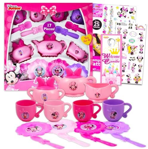 Service à thé Minnie Mouse de 17 pièces avec tasses à thé, soucoupes, bouilloire avec autocollants | Minnie Mouse pour filles