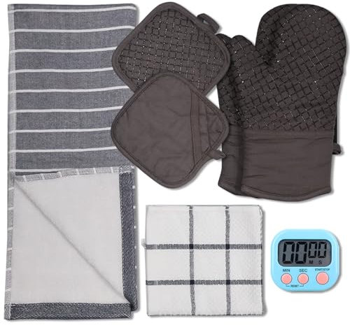 JISHSHAY 7 PCS Silicone Oven Gloves Heat Resistant Silicone Oven Mitts, Heat Resistant Mat Trivets for Hot Pans Pot Holders, Cotton Tea Towels Cleaning Cloths Dish Cloths, Kitchen Timer Digital Timer