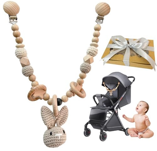 GYHWOFUL Kinderwagenkette Häkelhasen, Kinderwagen Spielzeug mit Glocken, Niedliche Tierform Holz Kinderwagenkette, Kinderwagenspielzeug, Geschenk zur Geburt für Neugeborenen Mädchen Junge