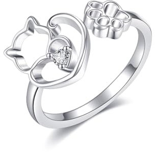 POPLYKE Katzenring für Damen 925 Sterling Silber Hello Kitty Ring Katze Pfote Print Ring Tier Ring Einstellbare offene Statement Ringe für Tierliebhaber Damen