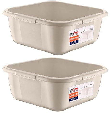 BH | 3L Plastic Washing up Bowl Basin - Small Size | 3 Litres | Square | Cream | Multipurpose Washing Tub for Kitchen, Bathroom, and Household Use (Pack of 2) - By BEST HOUSE