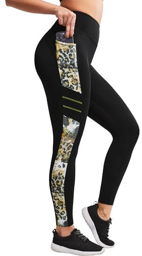 Yvette Printed Damen Sport Leggings mit Taschen, high Waist Blickdicht Gym Sporthose,Grün/Print,L