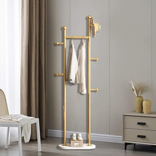 UUE Garderobenständer, stabiler Kleiderständer Metall, Garderobe, für Kleidung, Taschen und Hüte, Höhe 168 cm, mit 5 Haken, für Wohnzimmer Schlafzimmer Büro (Gold)