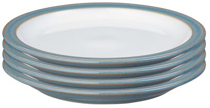 Denby - Azure Rimmed Small Plate Set of 4 - Dishwasher & Microwave Safe Ceramic Crockery - Rimmed Powder Blue Glaze Effect Stoneware Side Plates - Chip & Crack Resistant - L17.5xW17.5xH2cm