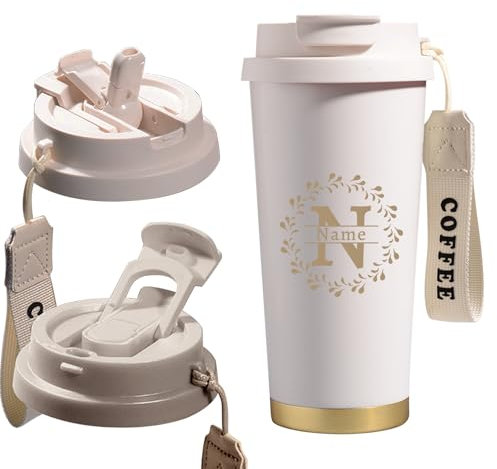 Personalised Coffee Cup Customised Travel Mug with Name Double Walled Stainless Steel Insulated Coffee Mug with Lid & Straw Thermal Mugs for Hot & Cold Drinks (White)