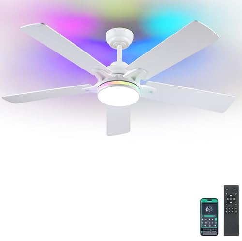 Kviflon RGB Ventilador de Techo con Luz Silencioso 132 cm, Modernos Ventiladores de Techo con Mando a Distancia y APP para Dormitorio Salon, Motor dc Reversible, LED Regulable, Aspas de Madera, Blanco