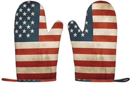 Set of 2 Silicone Oven Mitts, Heat Resistant Non-Slip Oven Gloves Soft Cotton Lining Baking Glove Vintage American USA Flag BBQ Gloves for Cooking Baking Grilling Microwave Kitchen Mitten