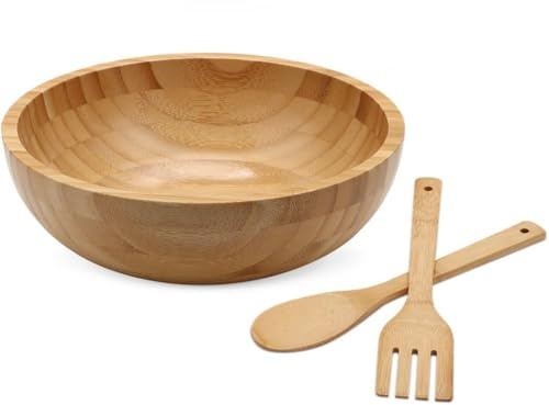 yeeplant Eco-Friendly 10In Bamboo Salad Mixing Bowl with Serving Spoon and Spork Included