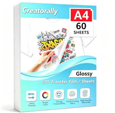 Creatorally 60 Blatt A4 Glänzende DTF Transferfolie (210 × 297 mm) – Beidseitig Glänzende PET DTF Folie für Inkjet Drucker mit DTF Tinte oder Sublimationstinte