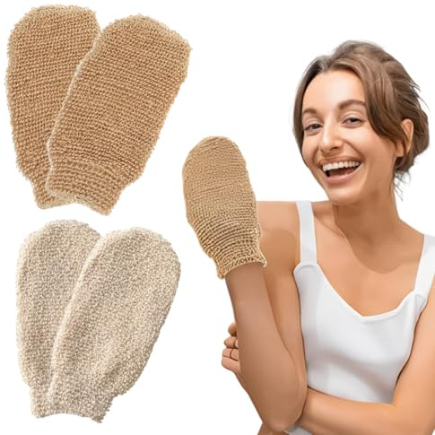 Lot de 4 Gants de Crin Exfoliants en Fibre de Ramie Naturelle, 2 Intensités (Robuste et Doux) pour Gommage Corps, Soin du Visage et Massage à Sec, Idéal pour Douche et Sauna