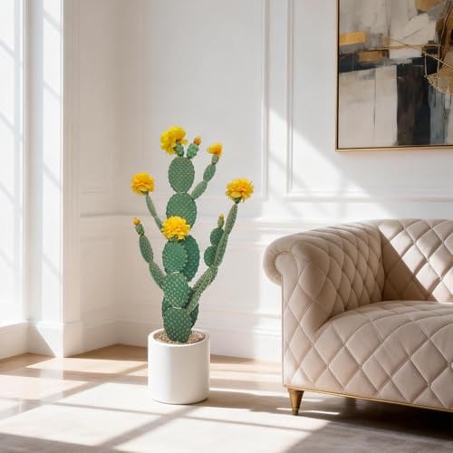 Hodeffior Kaktus Kunstpflanze im Topf, Groß Künstliche Sukkulenten mit Stein und Gelbe Blume, Dekorative Wüstenkakteen, Cactus Künstlicher Kaktus für Zuhause/Garten/Büro/Dekoration, 78 x 18cm